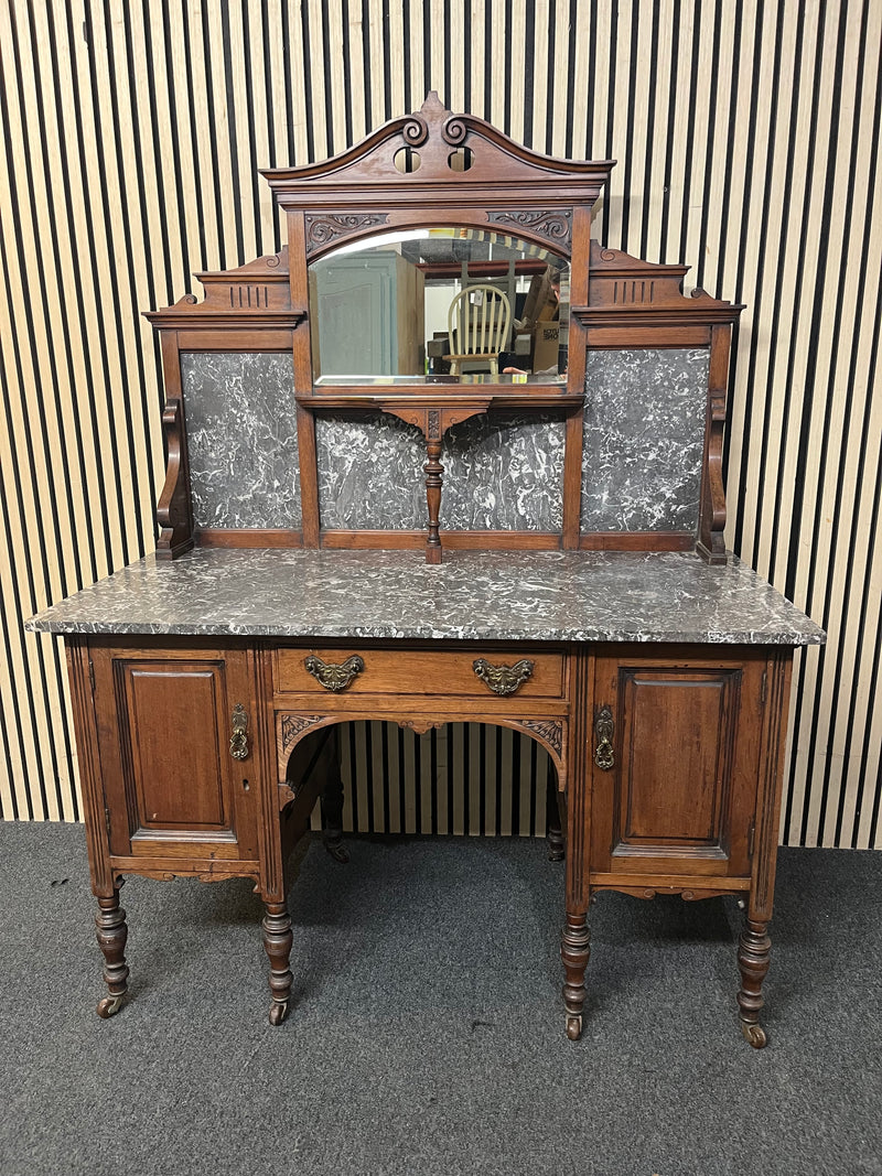 Victorian style wood washstand with marble top and mirror splashback (H 165 x W 123 x D 61 cm) 44570