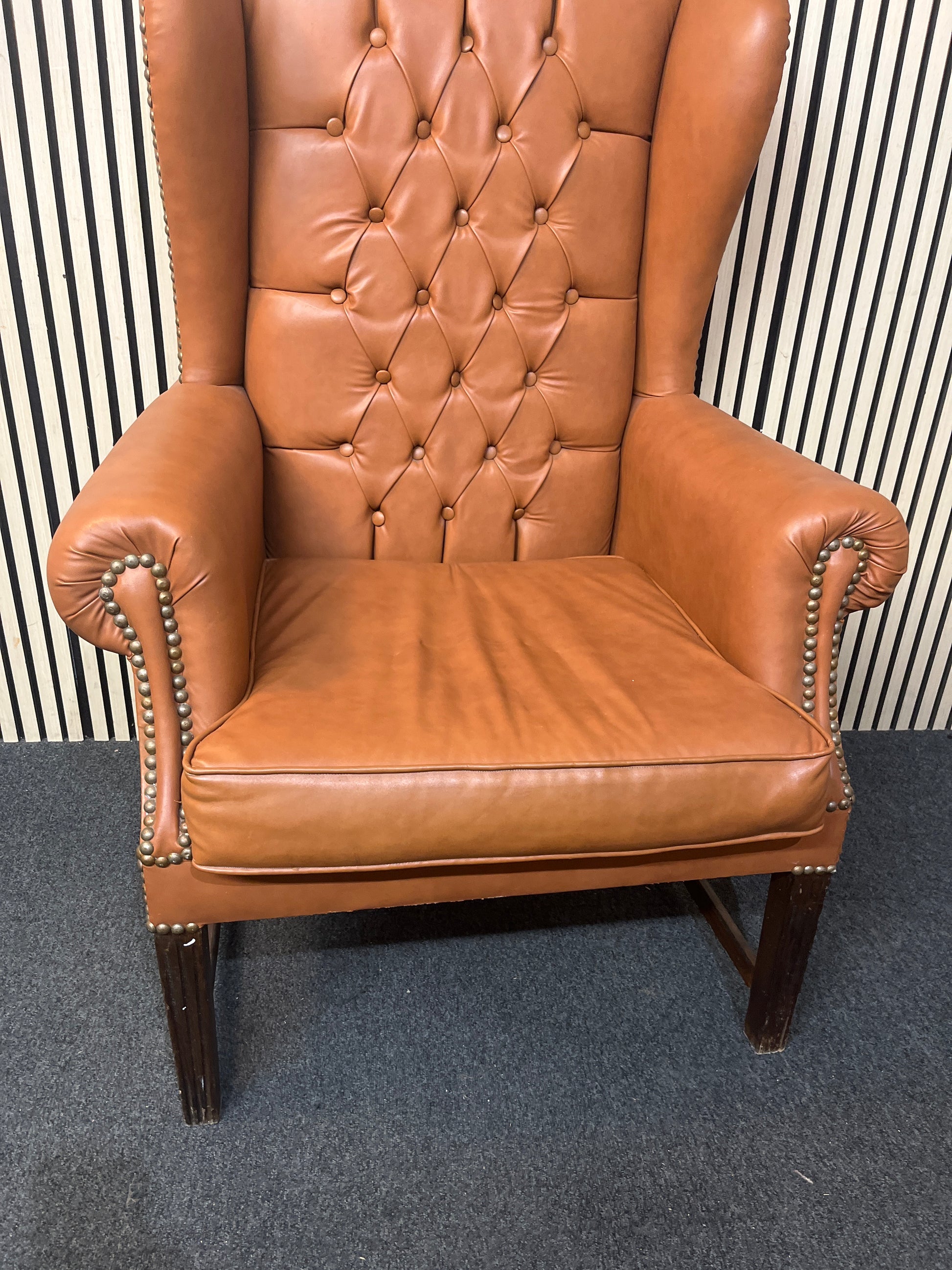 High back wing armchairs in tan leather with solid wood frame 43713