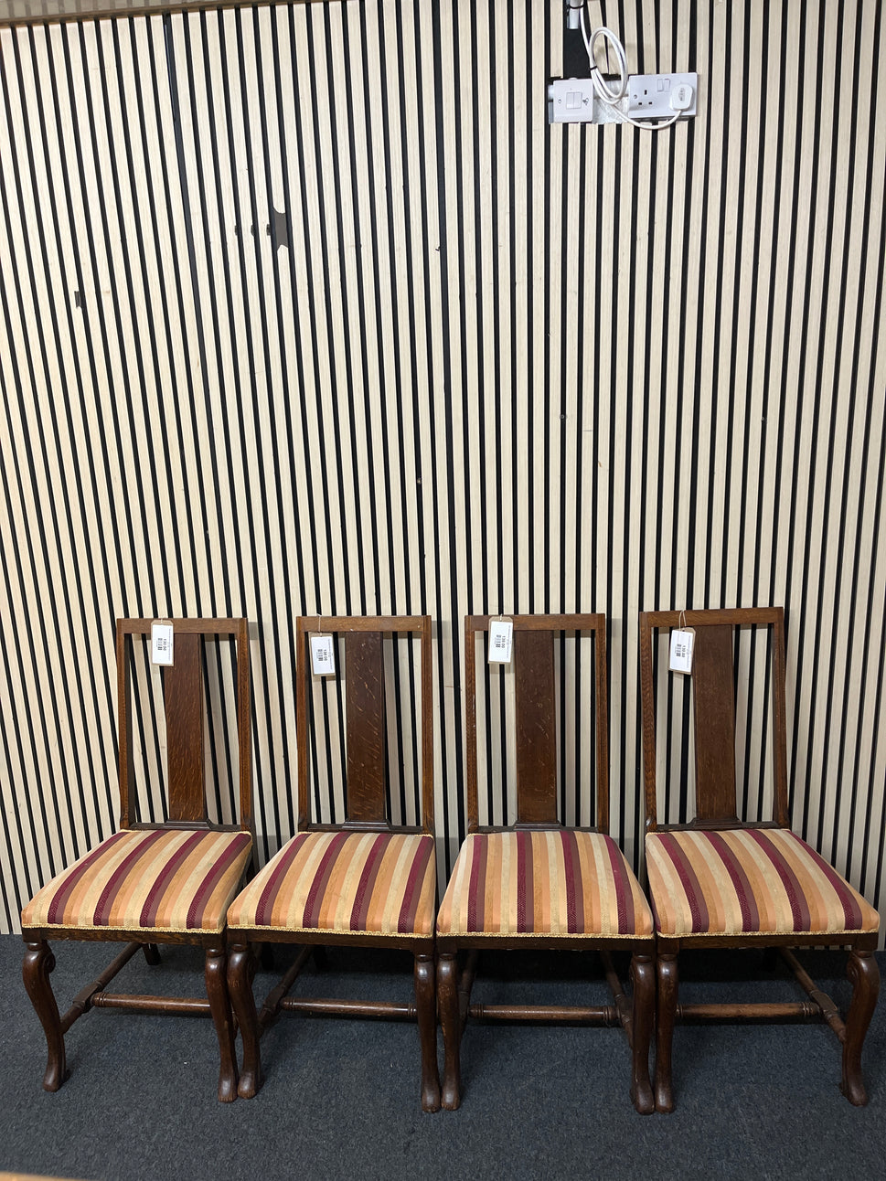 Oak stained high back stripe fabric dining chair. Set of 4 no. 3126