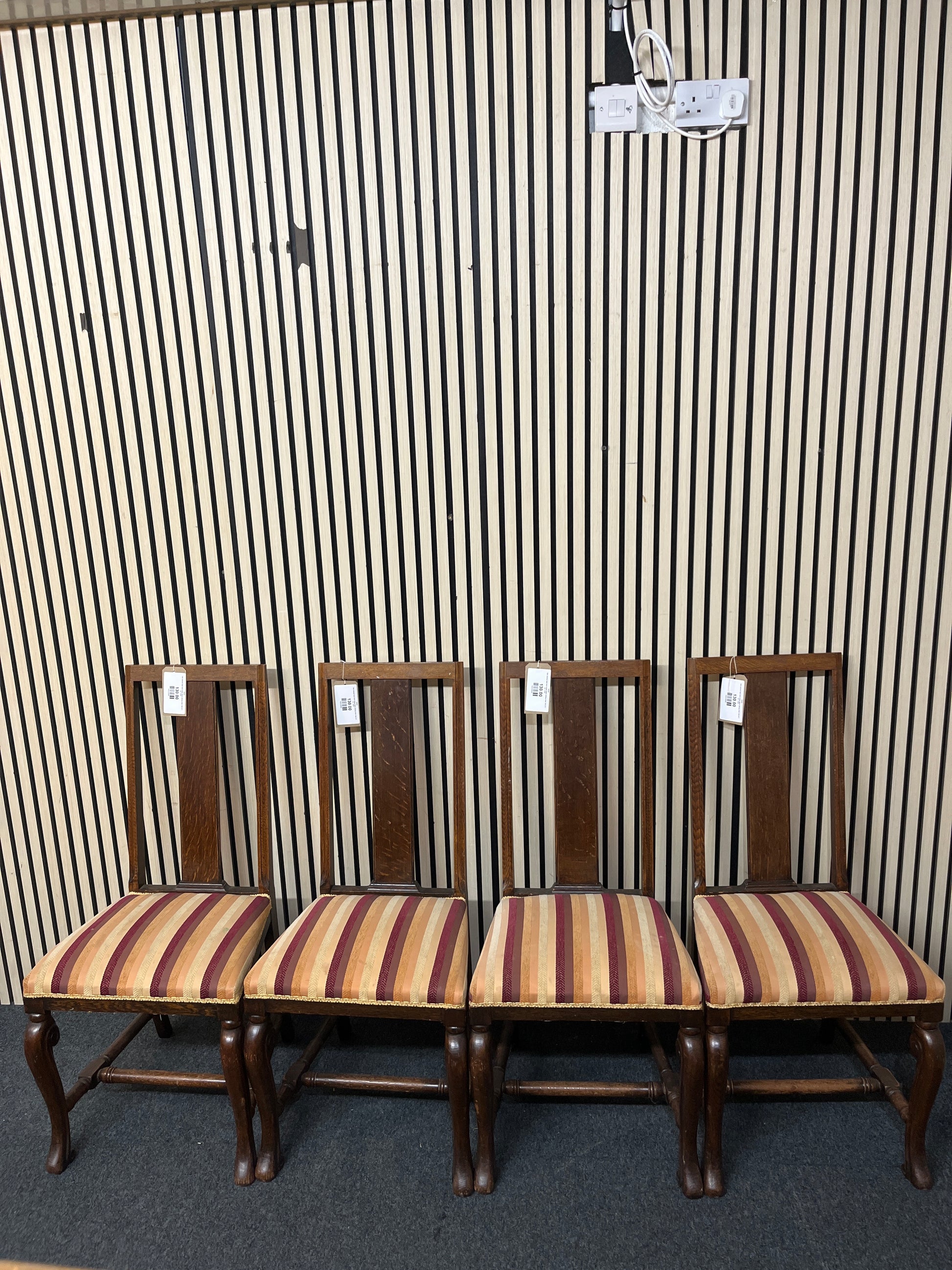 Oak stained high back stripe fabric dining chair. Set of 4 no. 3126