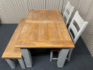 Extending dining table with oak top and grey painted legs (L 140 - 180 x W 90 cm) with 2 no. dining chairs and matching bench seat 44806