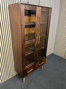 Dark wood cabinet with glass doors and herringbone patterned drawers (H 186 x W 90 x D 42 cm) 44573