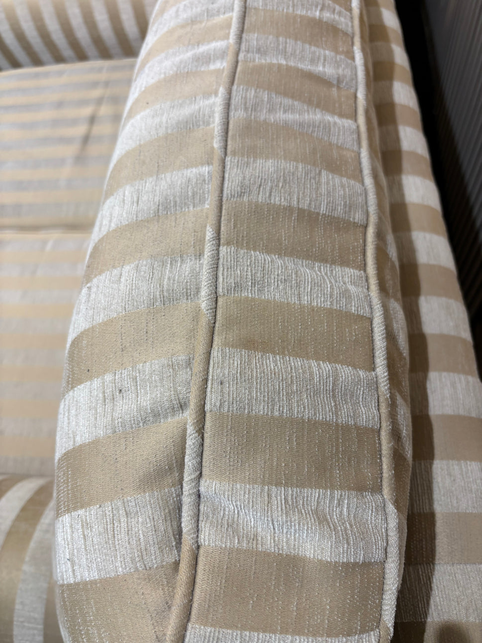 3+2+1 gold stripe fabric sofa suite with wooden framed leg and brass castors 1126