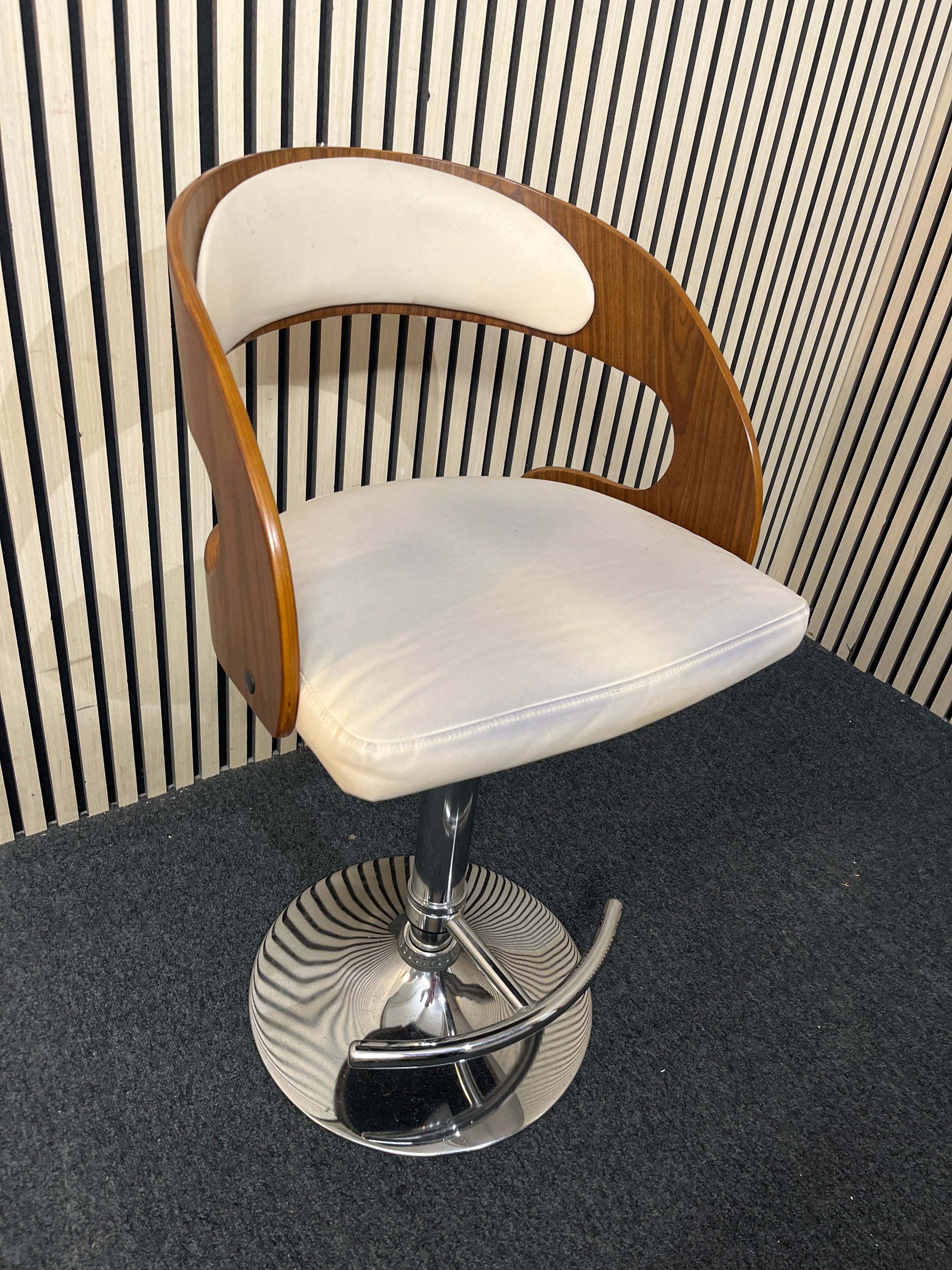 walnut curved back, chrome framed tall swivel bar stools 1226