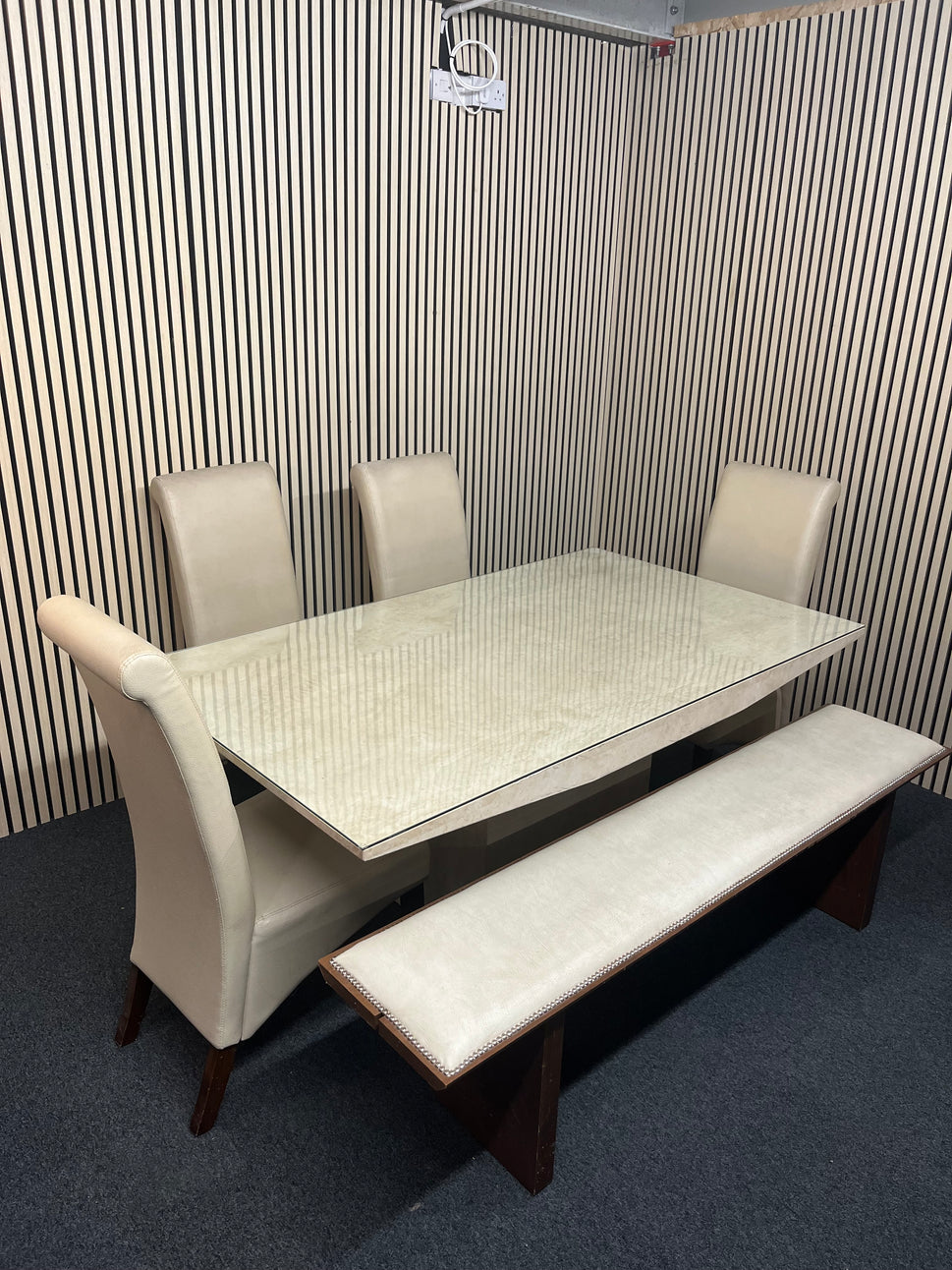 Cream Marble effect rectangular dining table(L 170 x W 100 cm with 4 no. high back cream leather dining chairs and a cream leather wooden framed long bench 2325