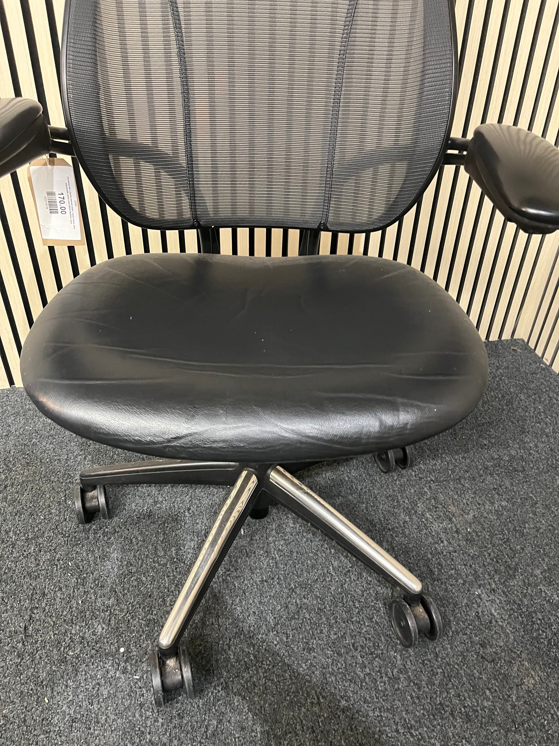 Humanscale Liberty swivel chair, mesh back with adjustable arms and black leather seat