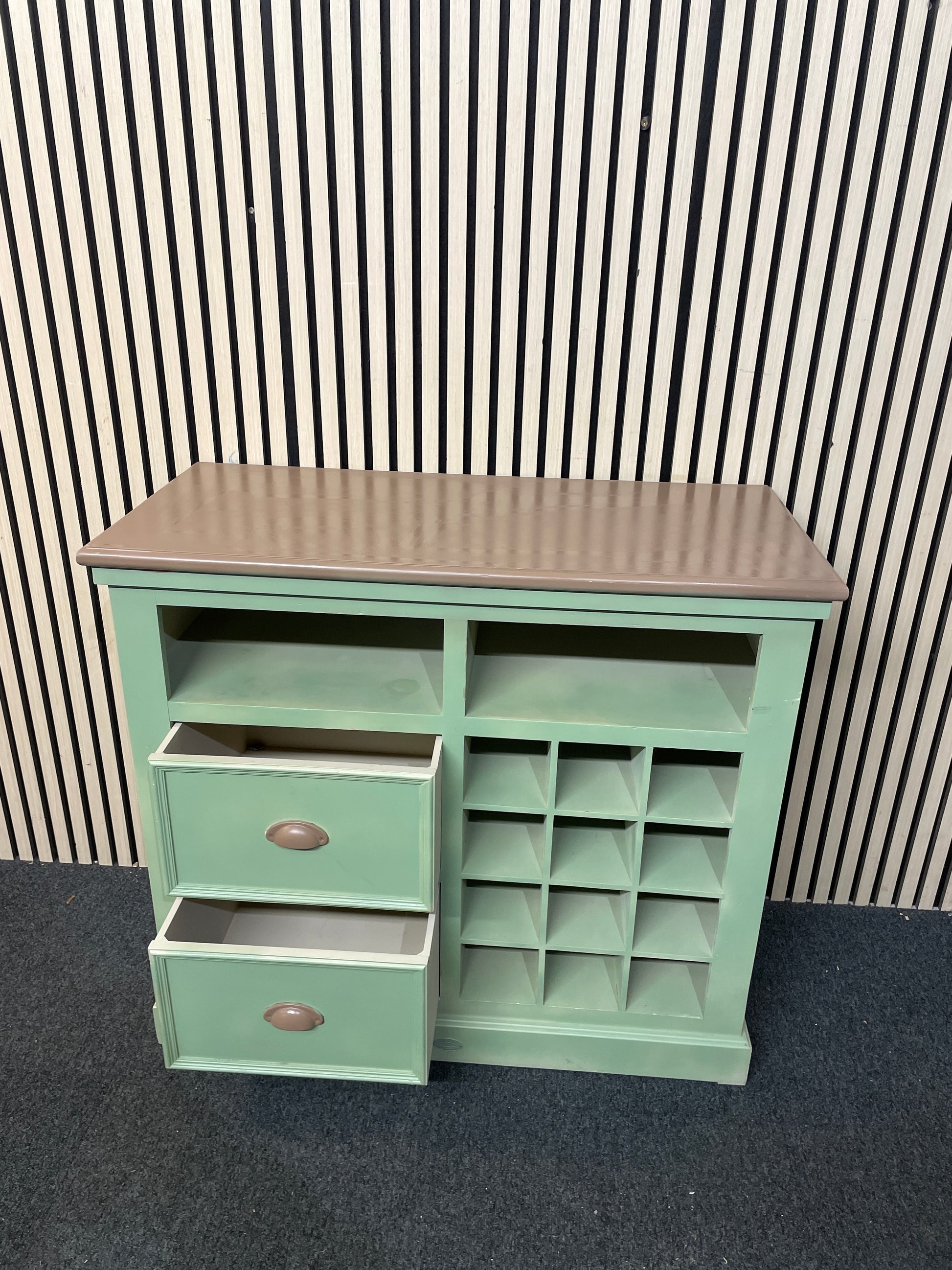 Green painted 2 drawer wine rack sideboard with dark wood top (H 84 x W 94 x D 43 cm) 1126