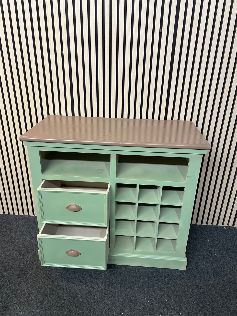 Green painted 2 drawer wine rack sideboard with dark wood top (H 84 x W 94 x D 43 cm) 1126