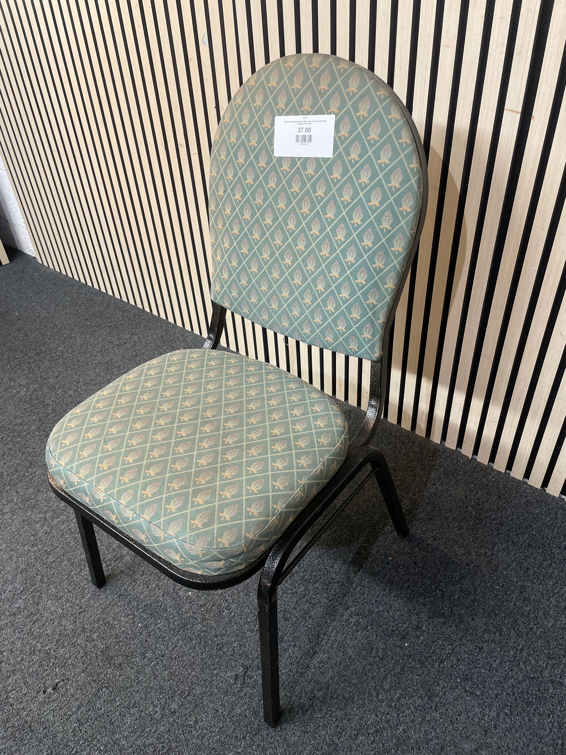 black metal framed green fabric seat and back stacking banquet chair 2425