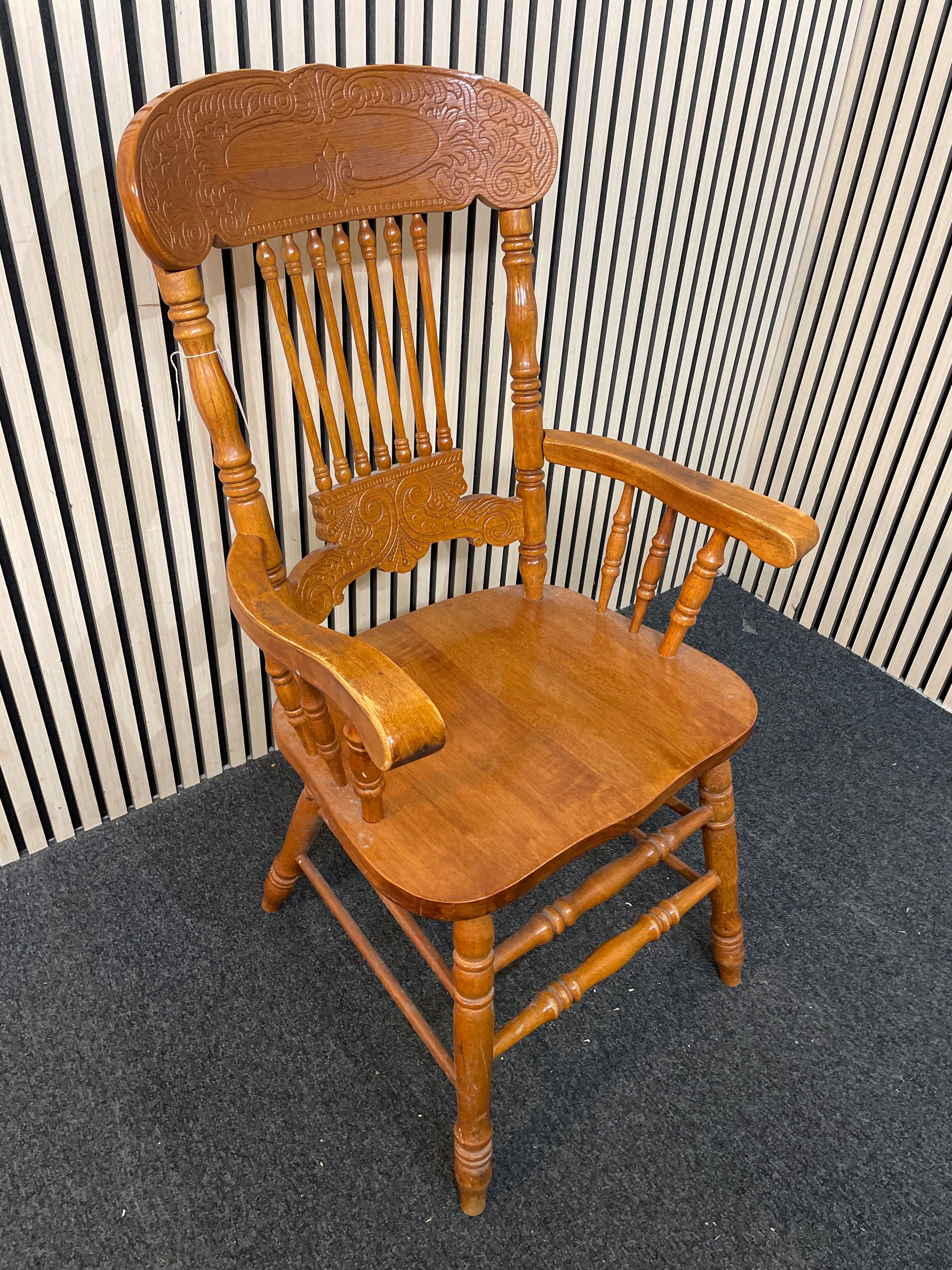 Ornate stained pine spindle back carver dining chair 1126