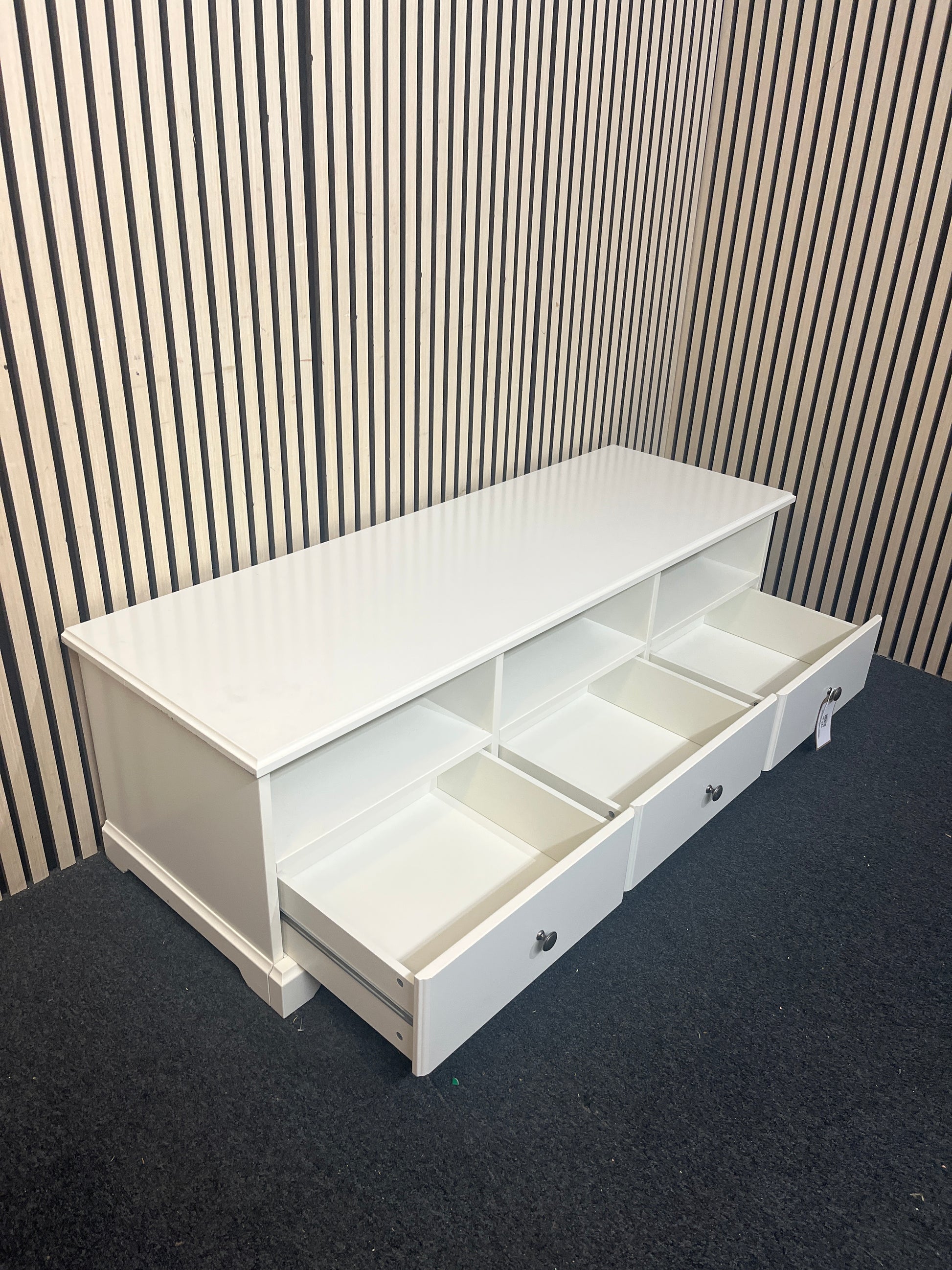 Solid white low tv unit with three drawers and open shelving units (H 46 x W 145 x D 50 cm) 44150