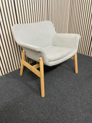 modern grey fabric armchair with wooden legs. 44795