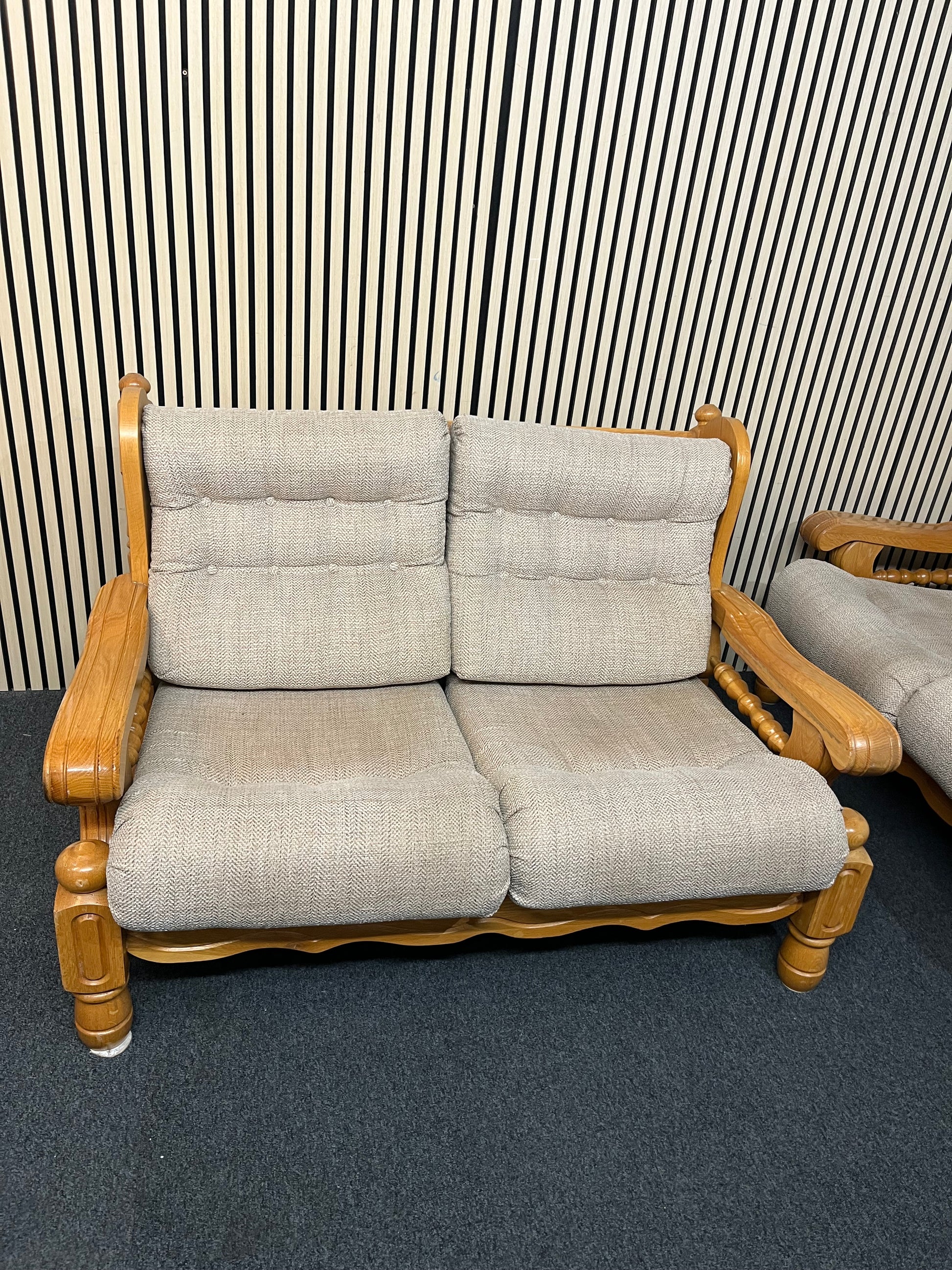 Solid Dutch Oak 2+2+1+1 sofa suite with light brown fabric cushions (imported from South Africa)