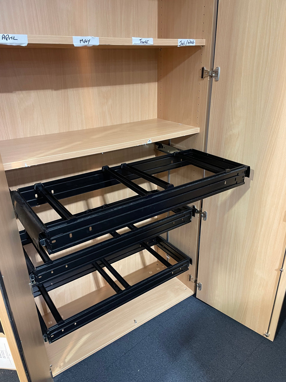 Tall beech 2 door bookcase with shelves- 225cm H x 99 cm W x 45 cm D 3425