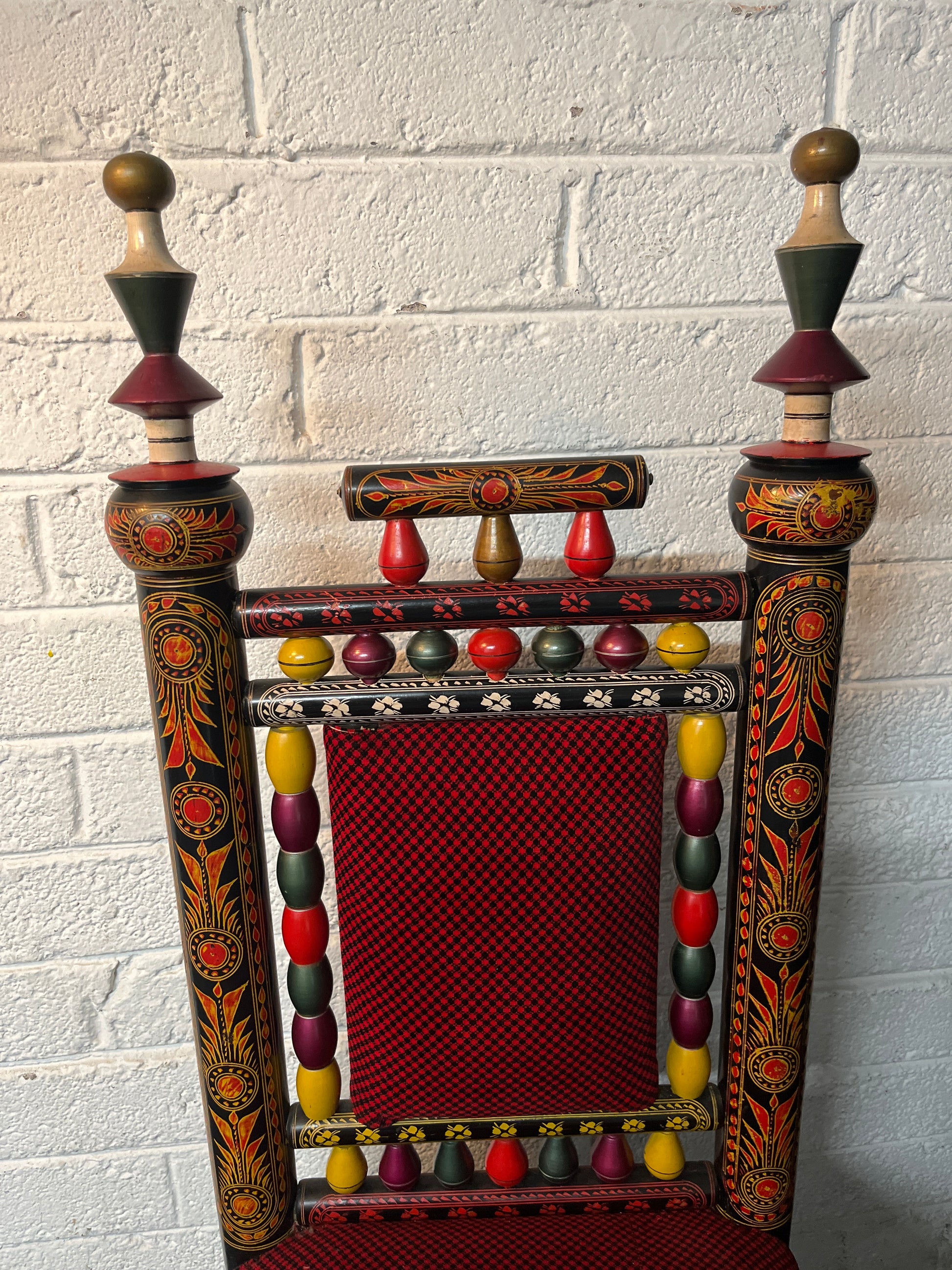 Ornate Chinese style solid wood black painted dining chair with painted detail and red and black pattern fabric seat and back. Qty of 50 no. in stock. Open to offers 2225