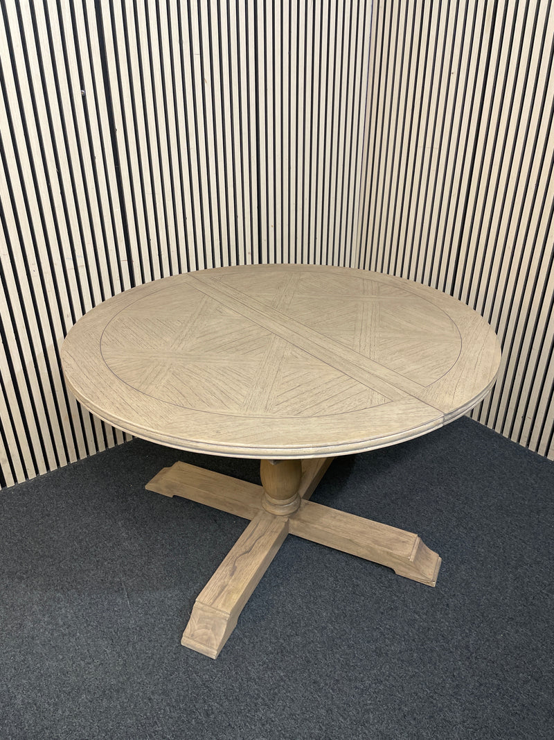 Limed oak circular extendable dining table with coloumn base (diameter 120 cm + 45 cm extension) 44800