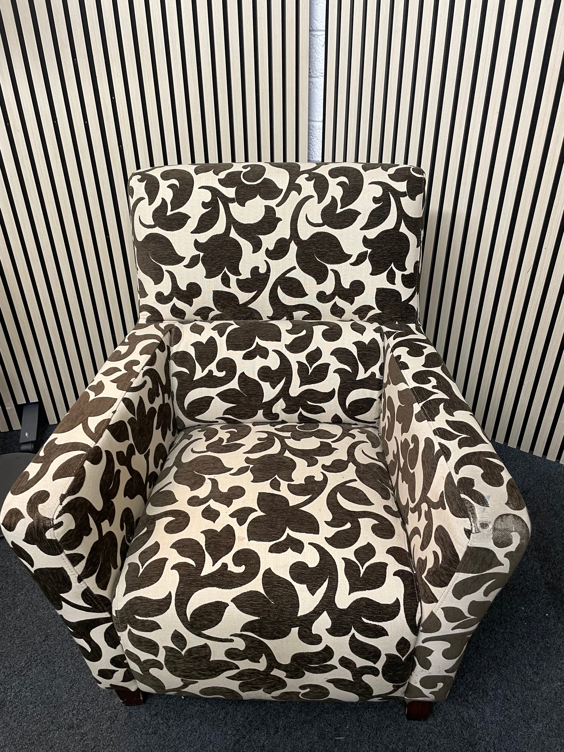 2 seater brown and cream floral fabric sofa (Width 160 cm) with matching armchair and ottomons 4225