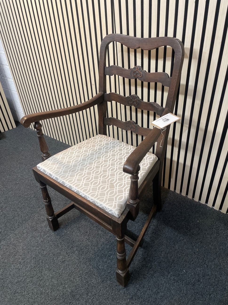 Solid dark wood-stained carver armchairs with fabric cushion 2425