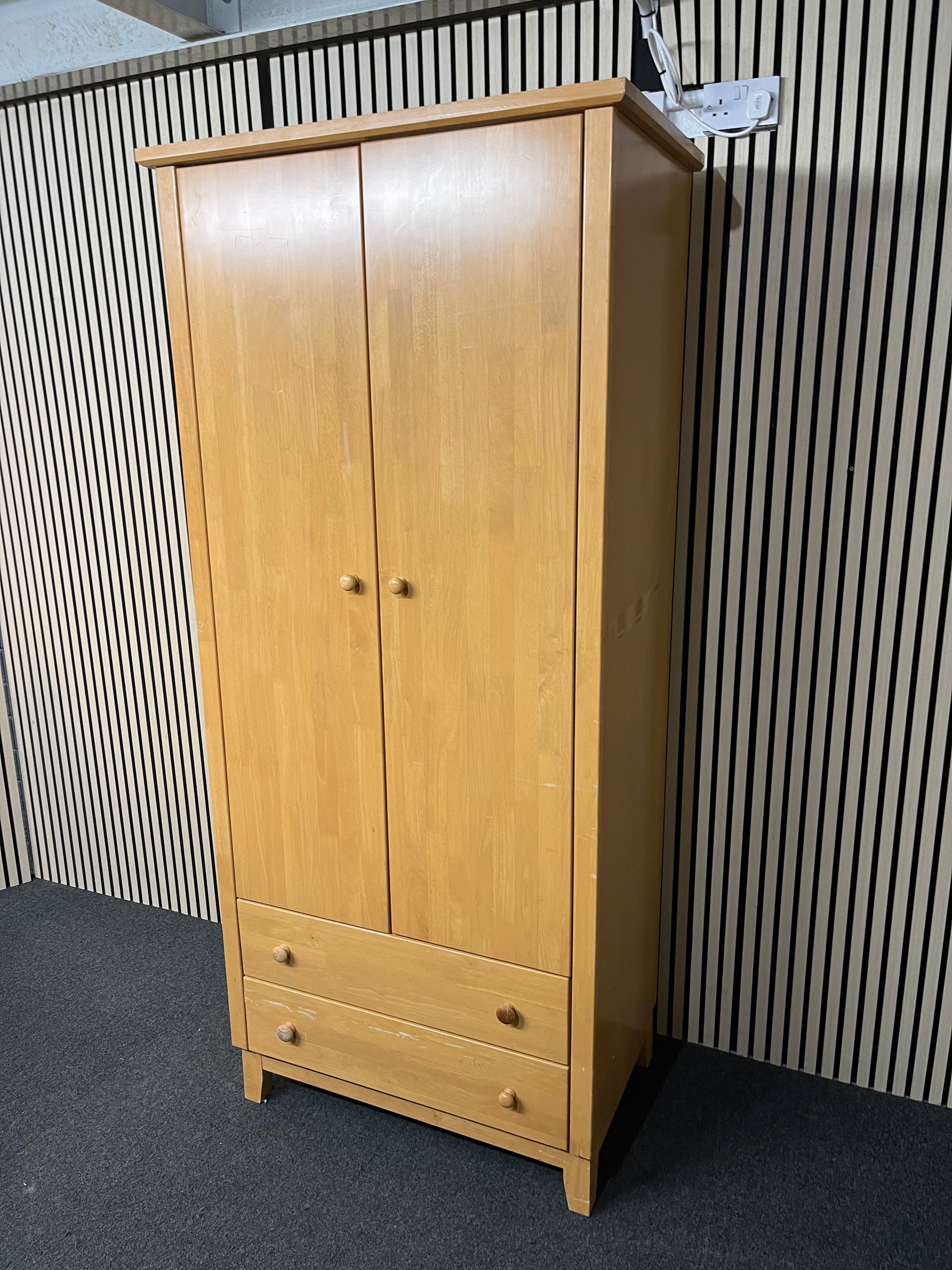 Tall beech two door wardrobe with two base drawers (H 208 x W 88 x D 58 cm) 1425
