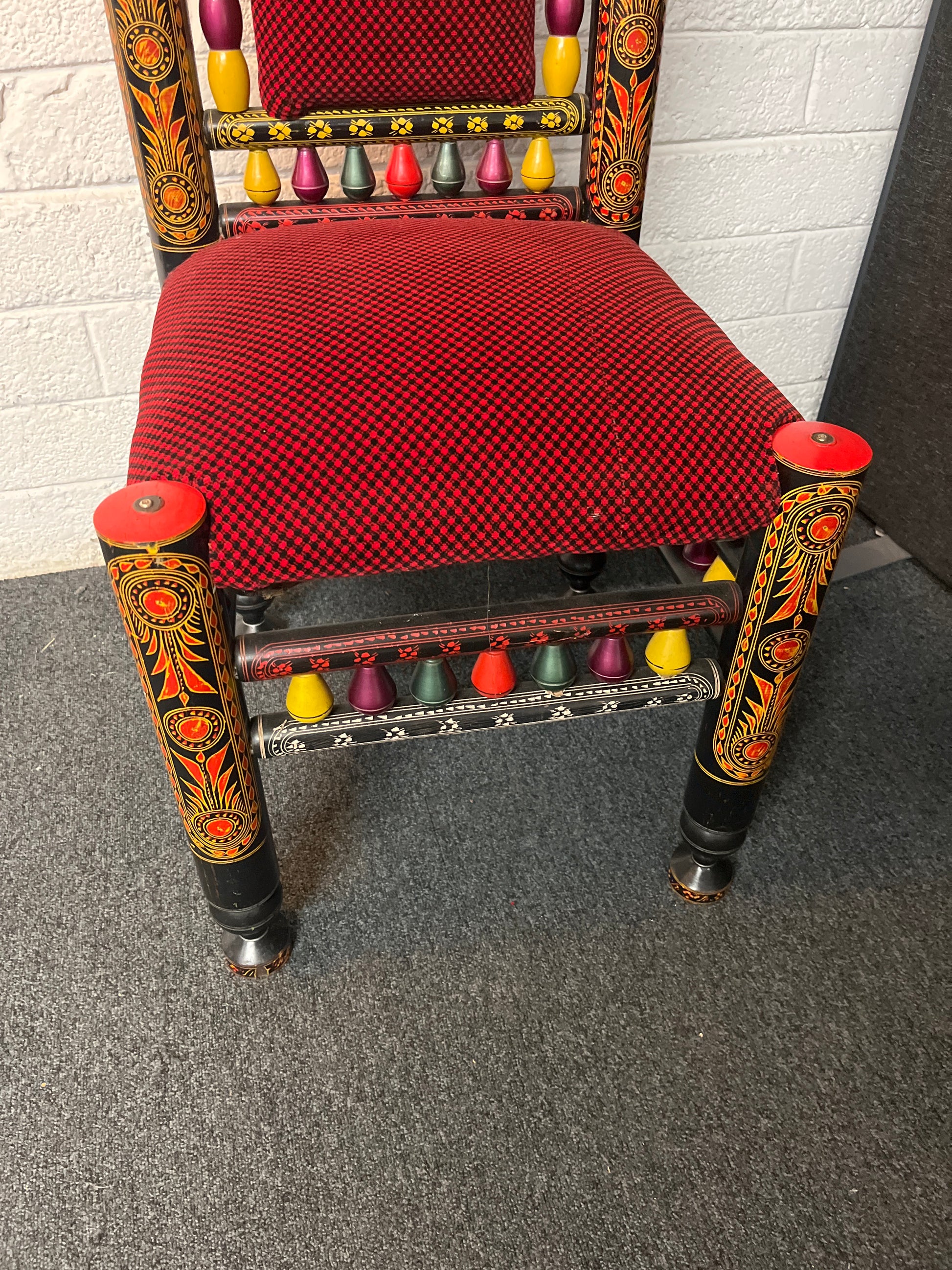 Ornate Chinese style solid wood black painted dining chair with painted detail and red and black pattern fabric seat and back. Qty of 50 no. in stock. Open to offers 2225