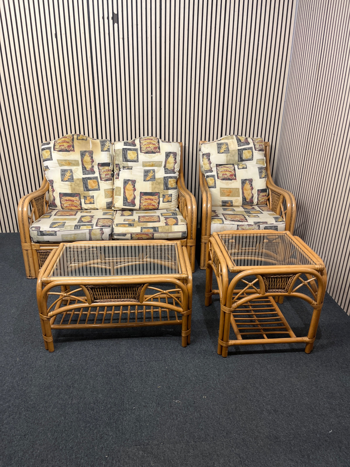 Bamboo-style wicker 2 seater sofa, armchair and matching glass-top side tables. 44379