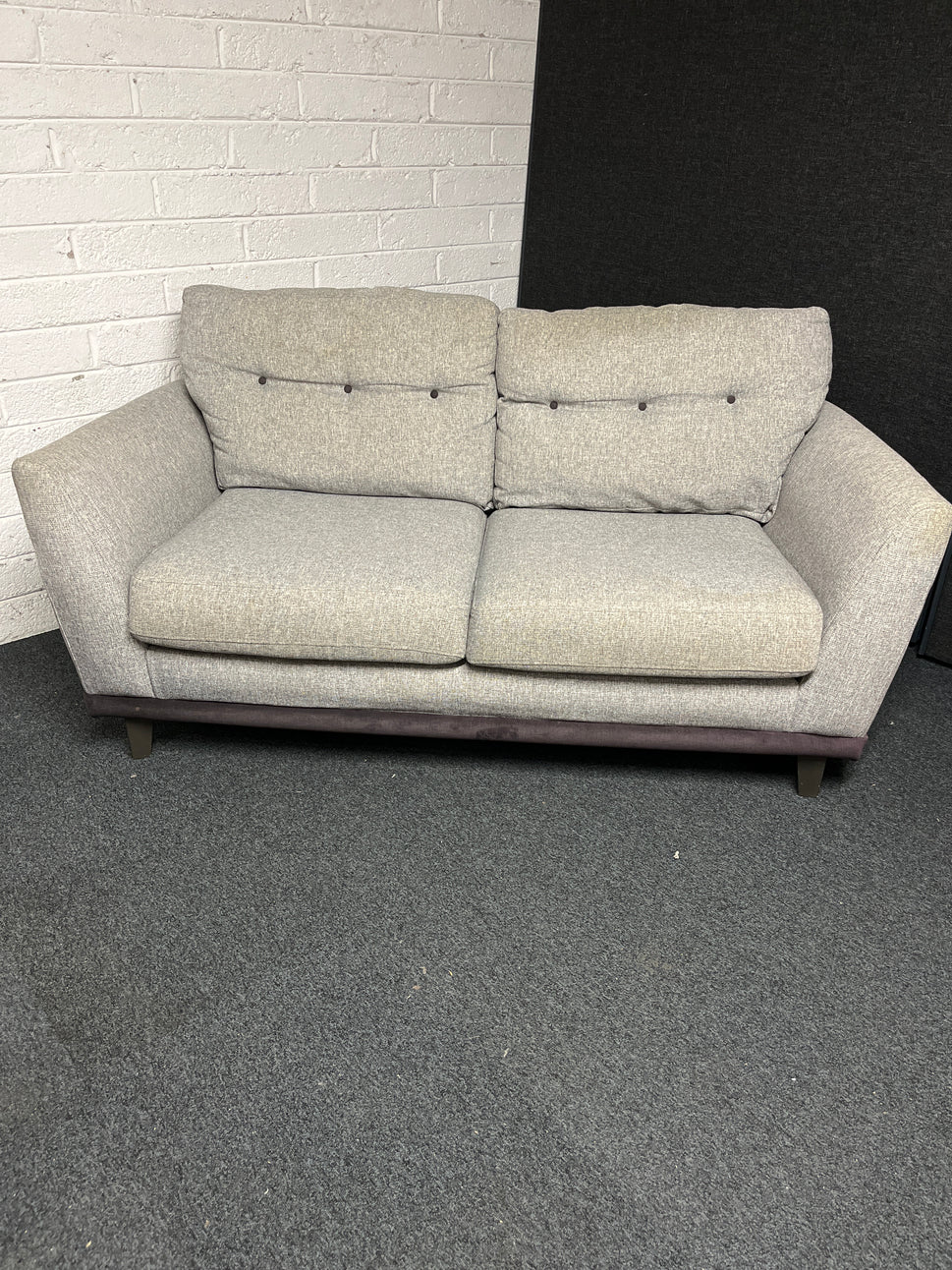 Oatmeal fabric and violet 2 seater sofa with matching cushions 1225