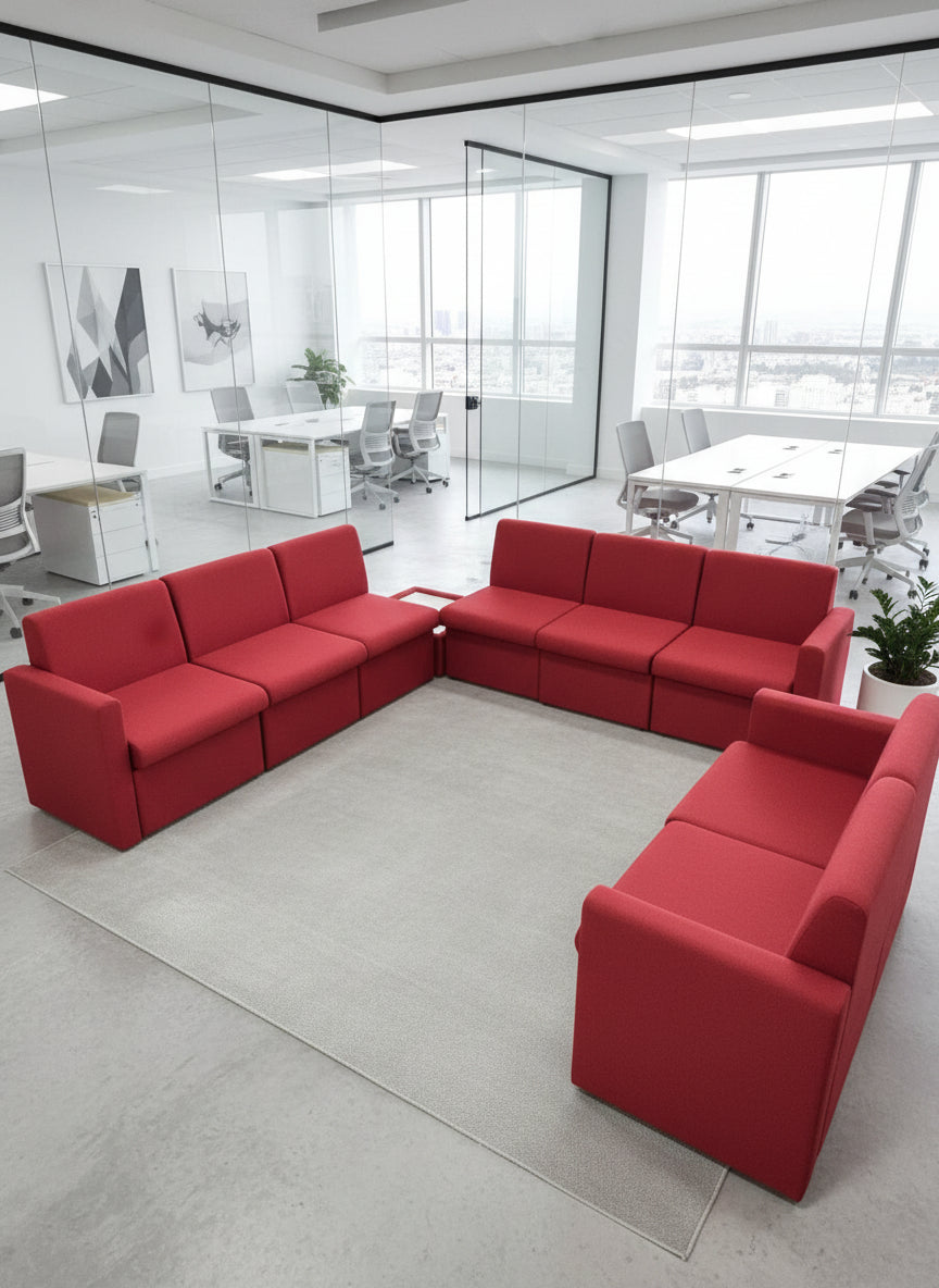 Una modular soft seating L shape sofa + 2 seater with matching coffee table in soft red fabric