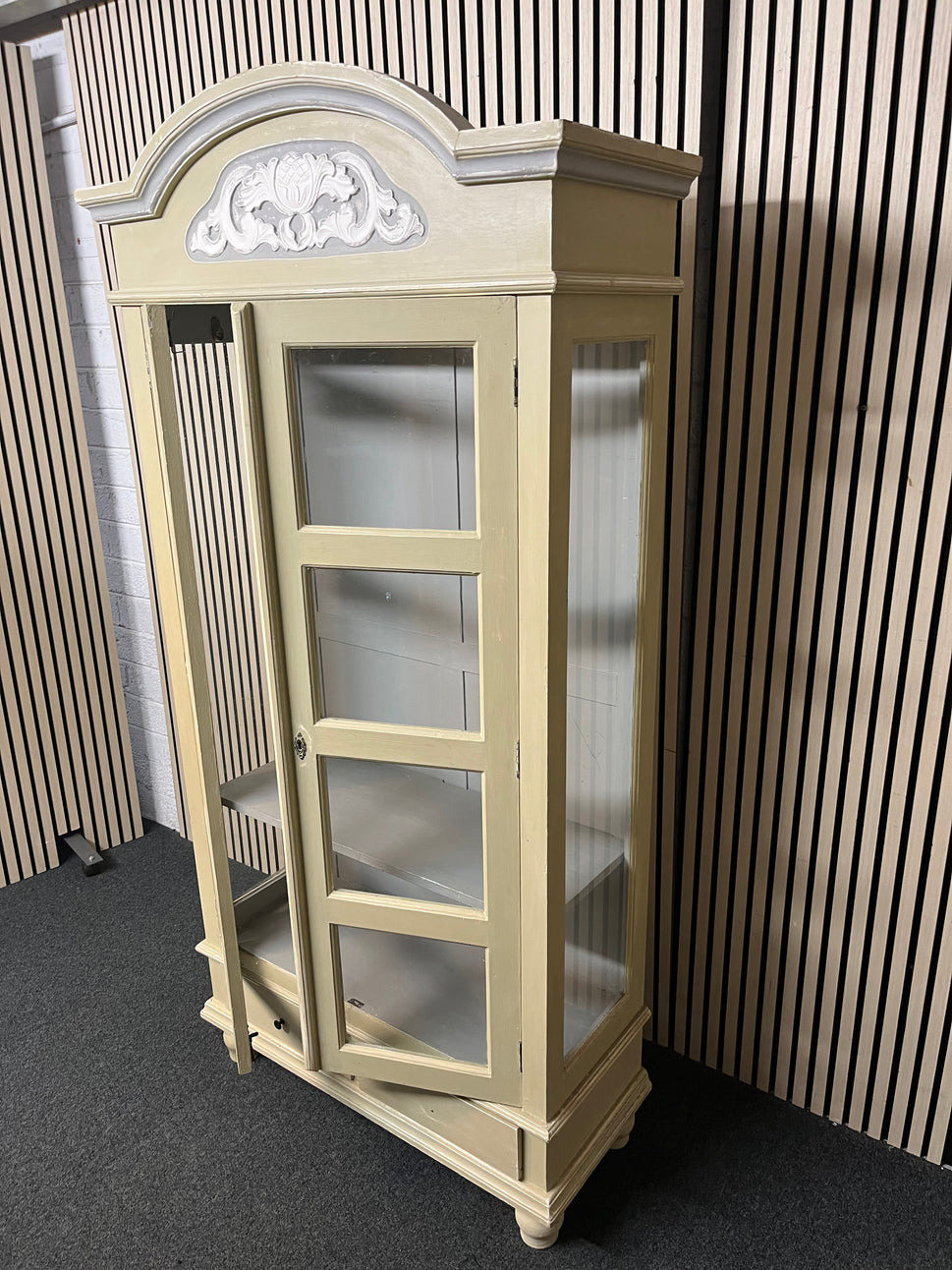Solid wood cream painted glass display unit with 2 base drawers (H 198 x W 98 x D 41 cm) 2425