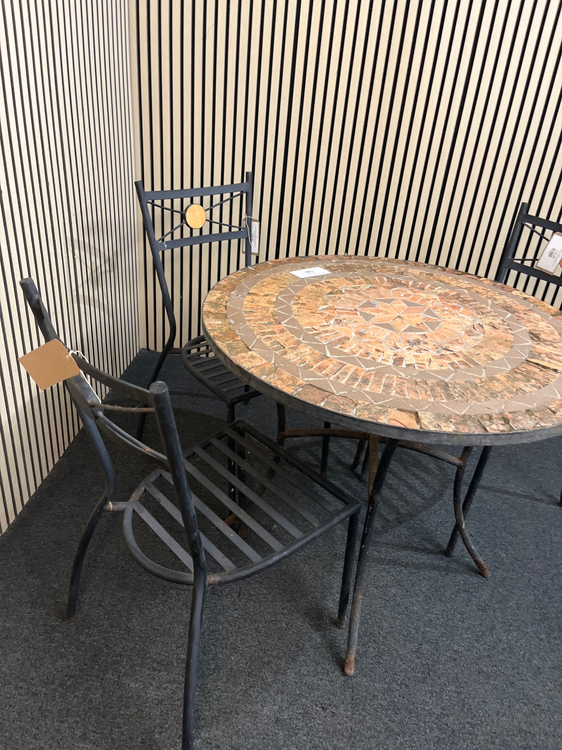 Metal and tiled circular outdoor patio table (width 90 cm) with 3 no. matching chairs 43731
