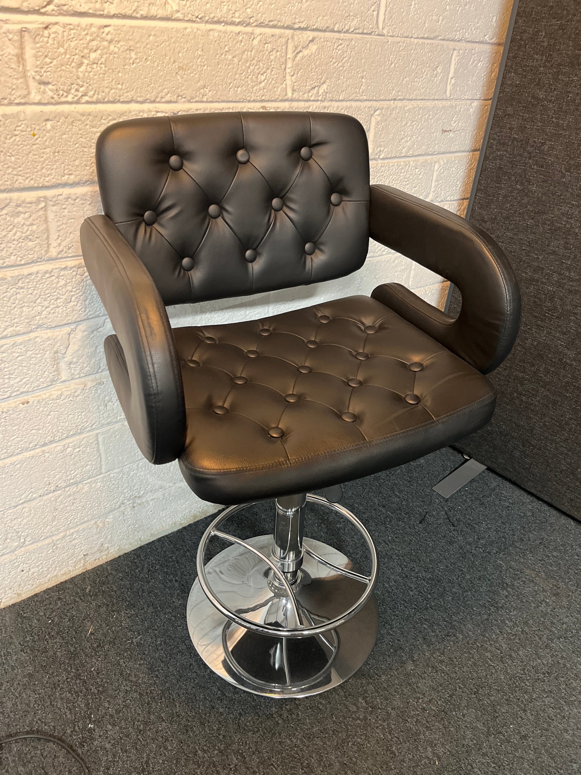 Tall black pu leatherette button back swivel bar stool, chrome frame, height adjustable