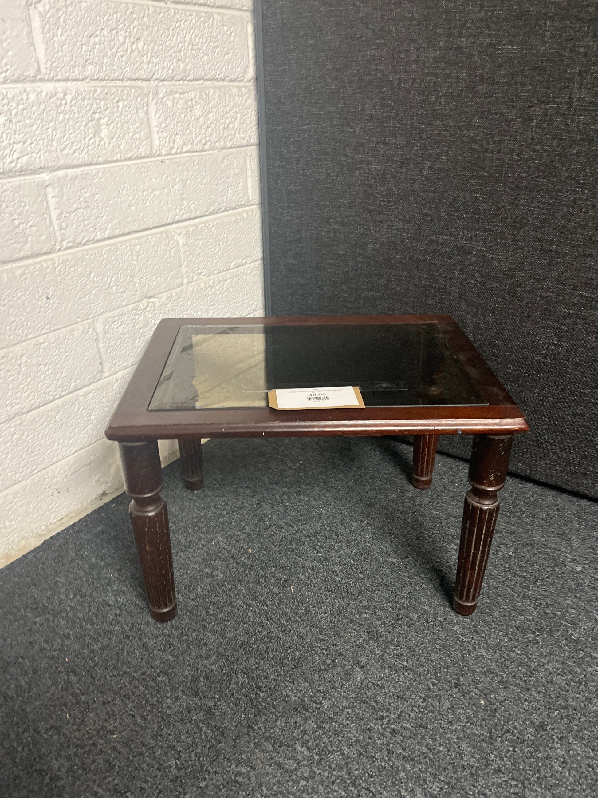 Ornate mahogany framed square lamp table with glass top%A0 1225