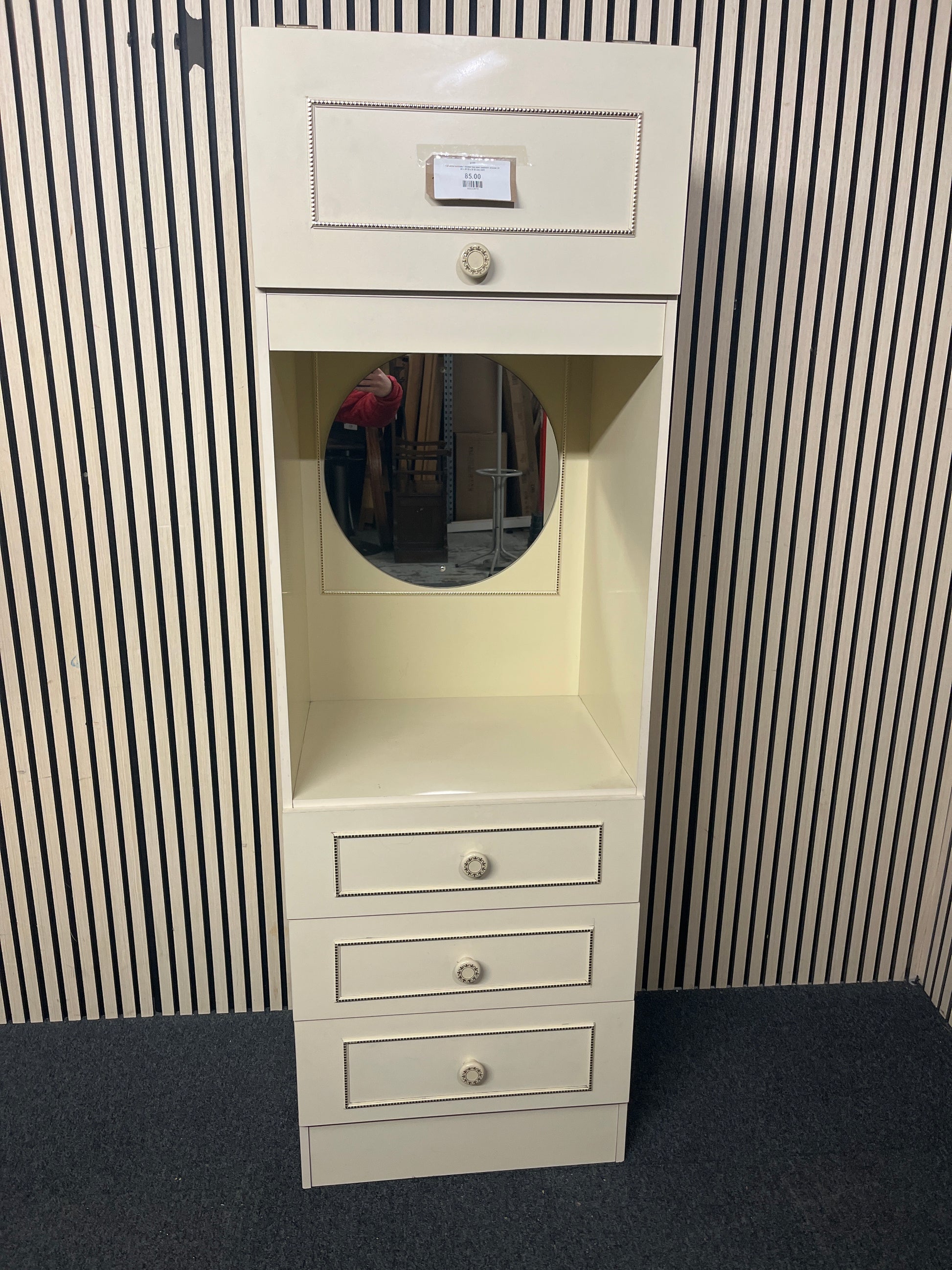 Tall white laminate 3 drawer top open bedroom dresser (H 83 x W 59 x D 43 cm) 2425