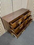 Mid-century style wooden chest with chevron pattern and brass handles. (H 86 x W 135 x D 42 cm) 44574
