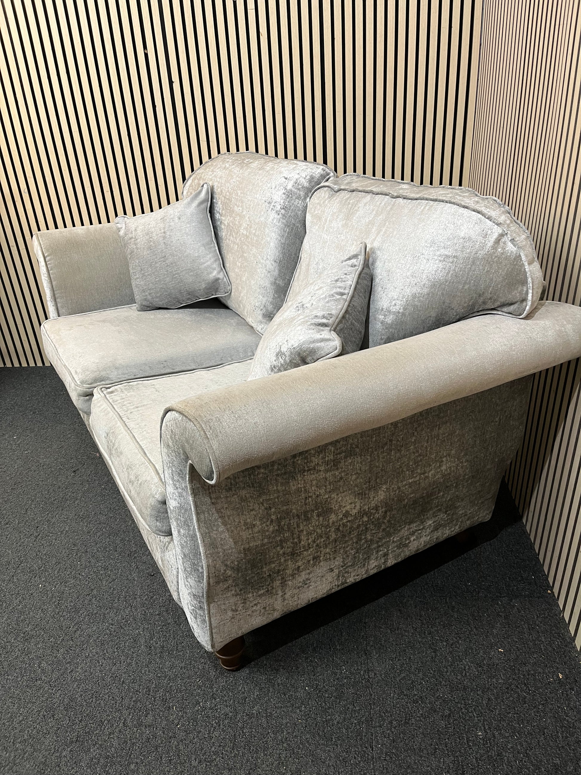 2 seater light grey fabric roll back sofa 3126