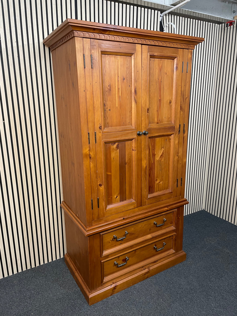 Natural solid pine ornate tall 2 door 2 drawer wardrobe with pelmet (H 202 x W 105 x D 63 cm) 2425