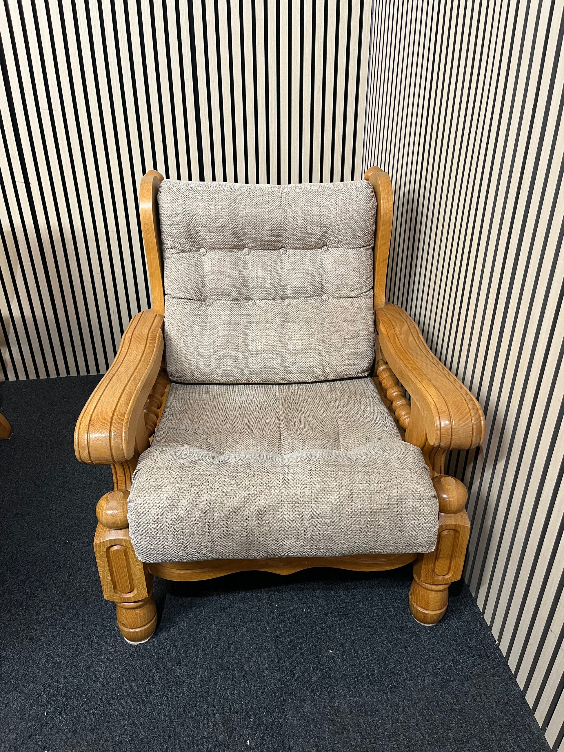 Solid Dutch Oak 2+2+1+1 sofa suite with light brown fabric cushions (imported from South Africa)