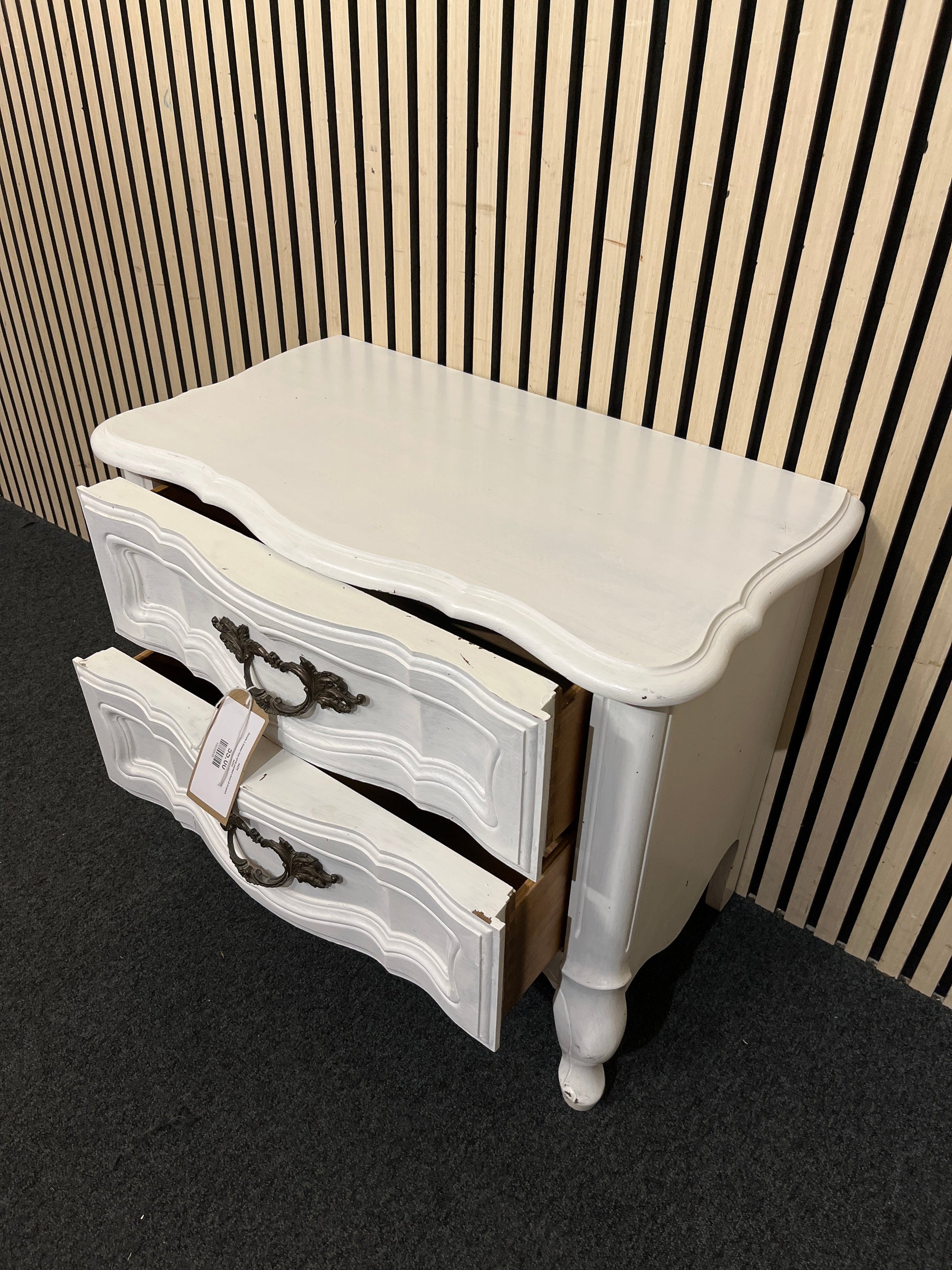 Ornate 2 drawer low white painted chest of drawers 44254