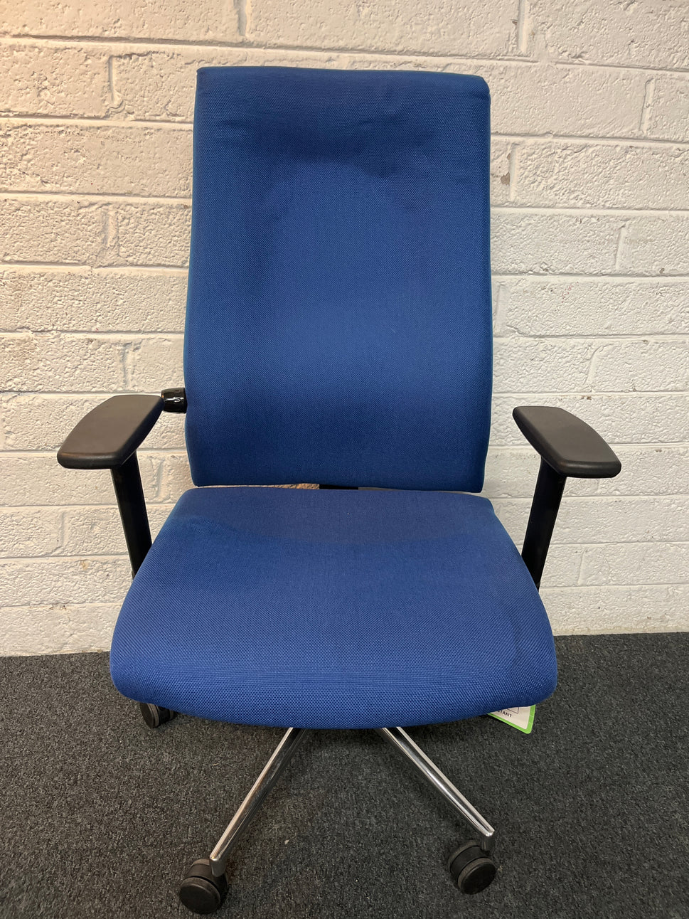 Secondhand High back, dark blue fabric swivel chair, heavy duty with polished chrome base and height adjustable arms and back tensioner . PRICE INC VAT, 20+ IN STOCK