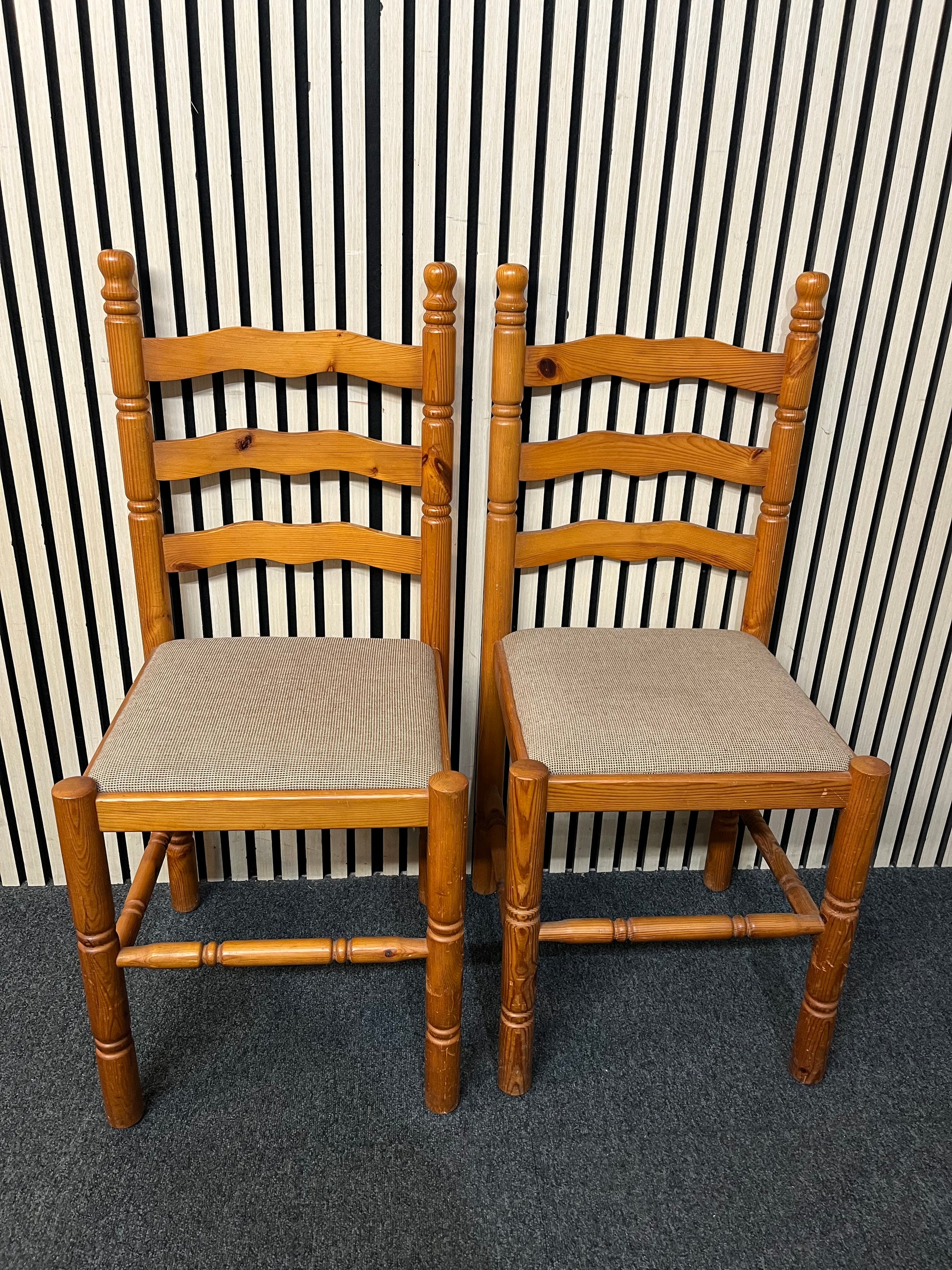 Pair of Pine dining chairs with grey fabric seat 43466