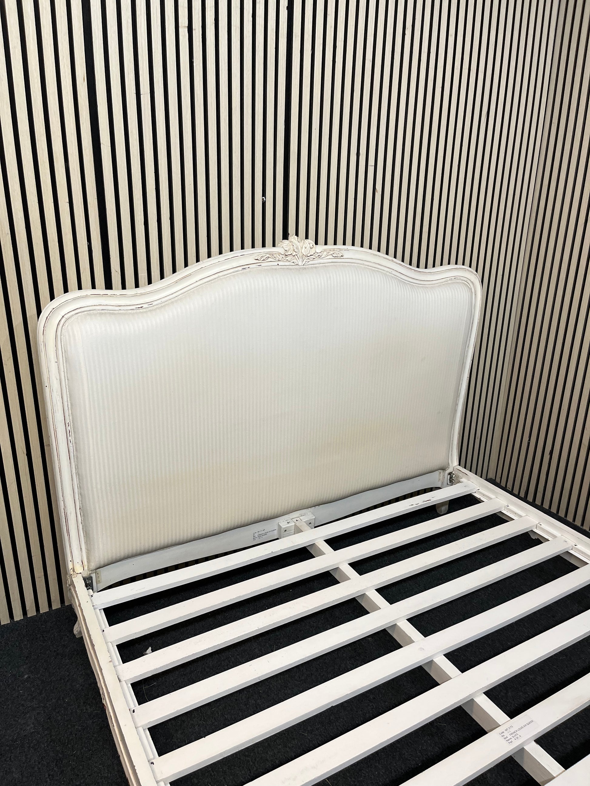 Louis XVI solid wood frame upholstered white fabric bedframe with set of 2 matching ornate white 2 drawer solid wood lockers 43522