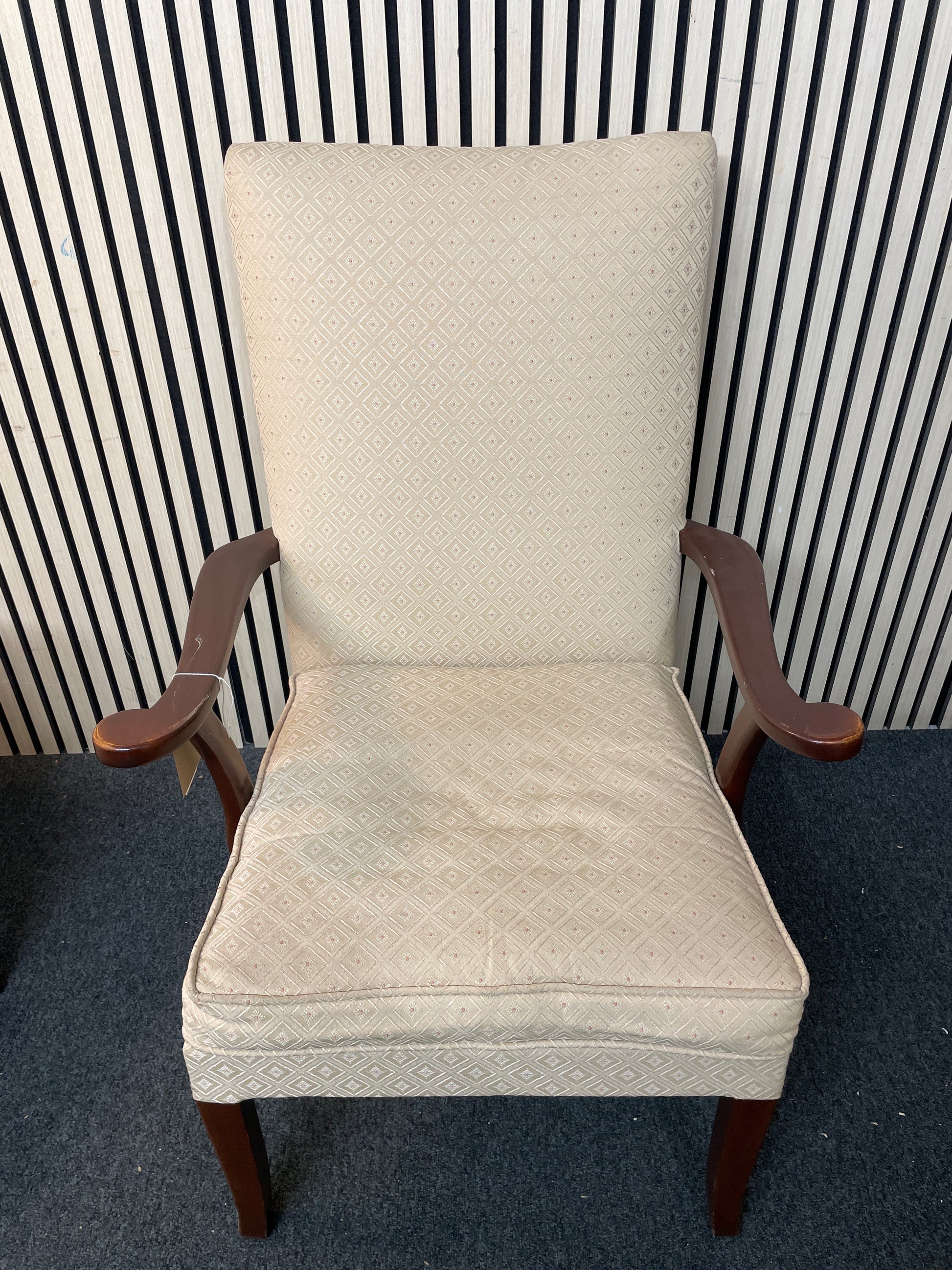 Cream fabric solid wooden framed armchair with wooden arms 2425