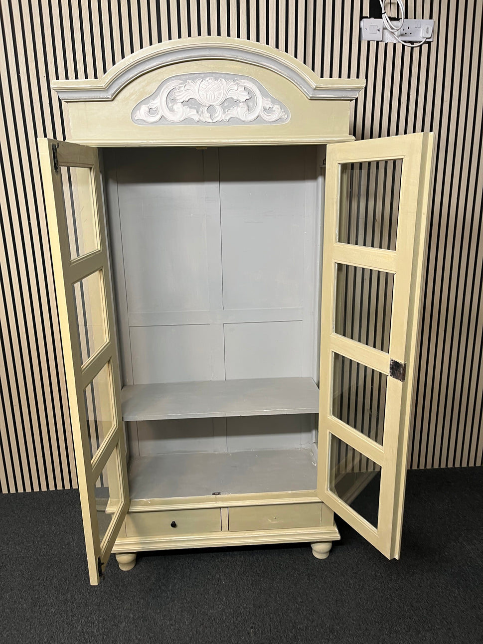 Solid wood cream painted glass display unit with 2 base drawers (H 198 x W 98 x D 41 cm) 2425