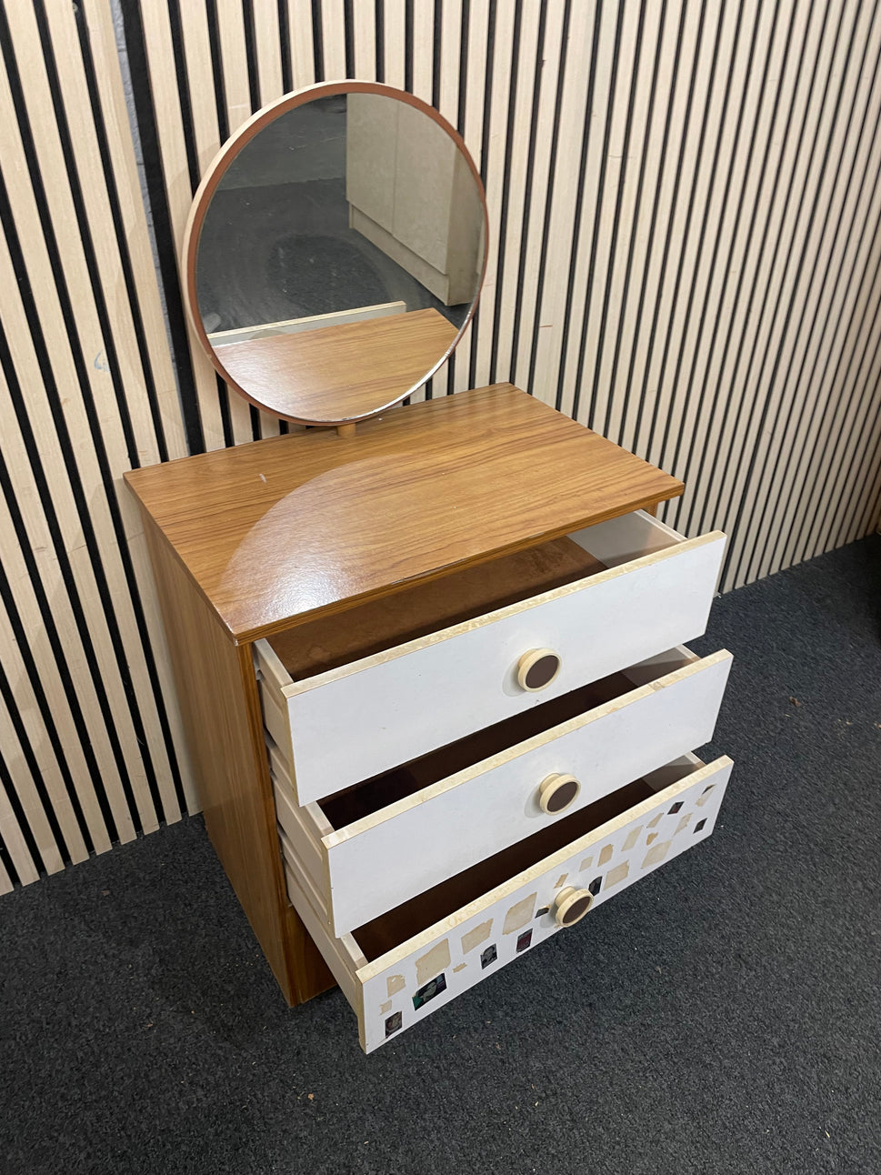 Teak and white laminate small 3 drawer chest with mirror 2425