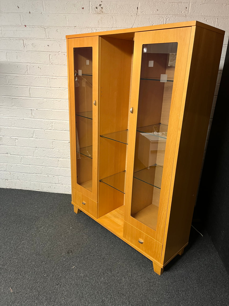 Tall beech 2 glass door 2 drawer display unit with lights (H 176 x W 120 x D 40 cm) 2225