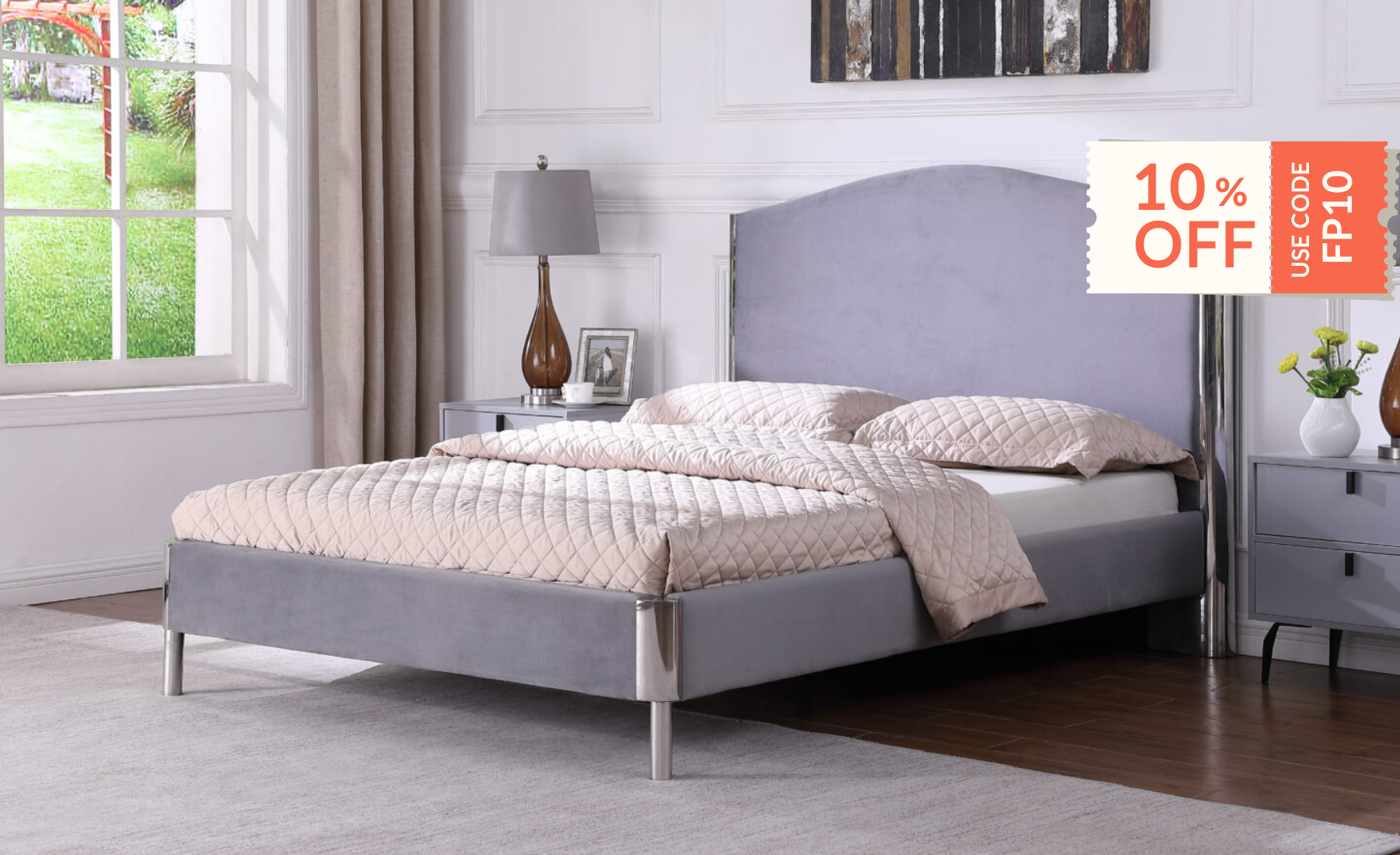 NEW Albee 4ft 6 grey fabric and chrome frame high back bed frame