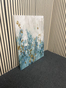 Large vertical canvas featuring abstract teal, grey, and gold textures. 44700