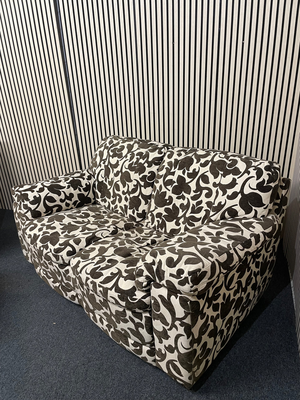 2 seater brown and cream floral fabric sofa (Width 160 cm) with matching armchair and ottomons 4225