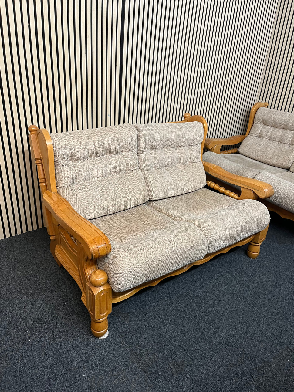 Solid Dutch Oak framed 2 seater sofa with light brown fabric cushions (Imported from South Africa) 2425