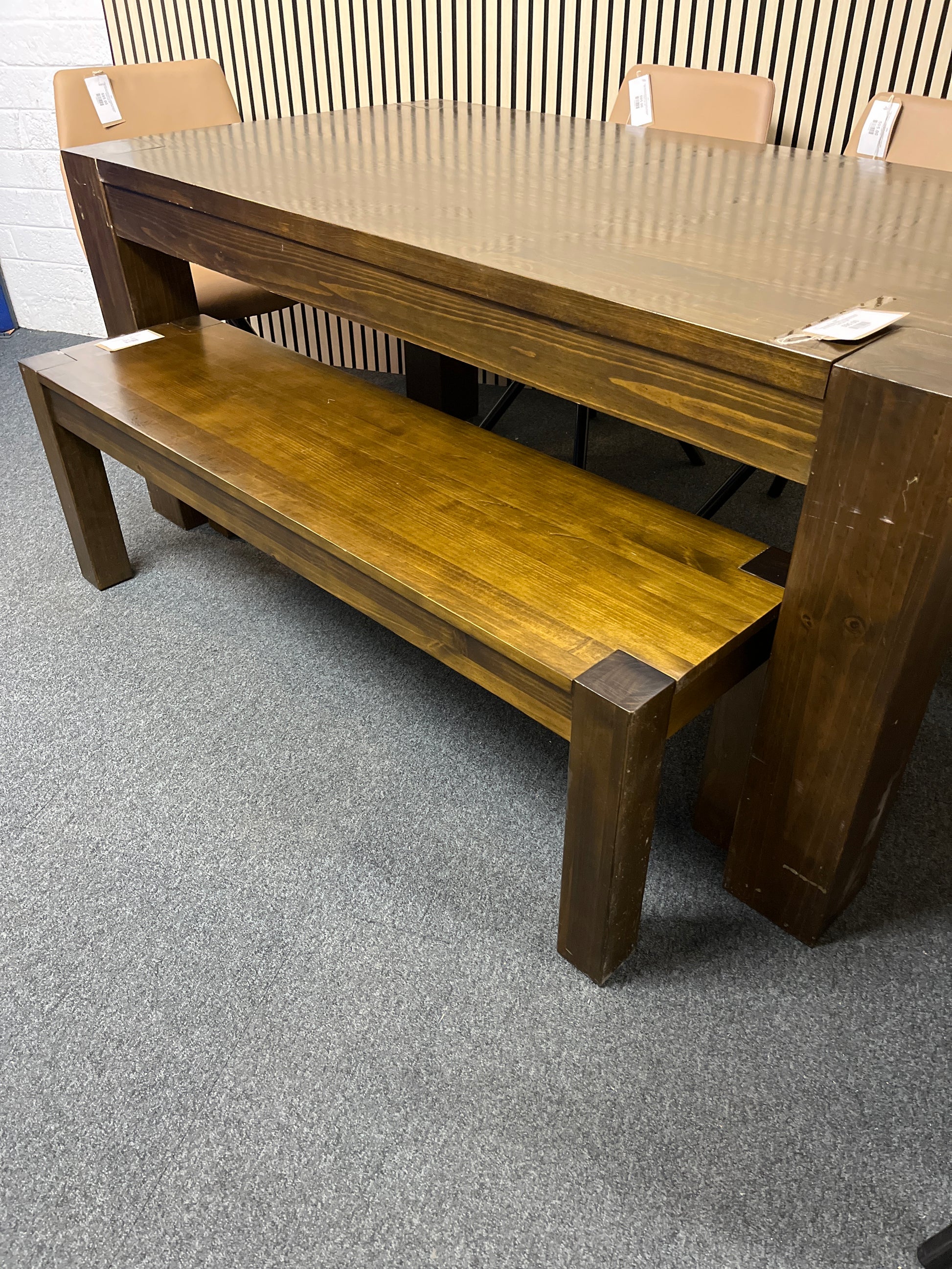 Large solid dark wood stained rectangular dining table (L180 W100 H79 cm) with matching bench and 4 no. tripod base salmon leather seats 1325