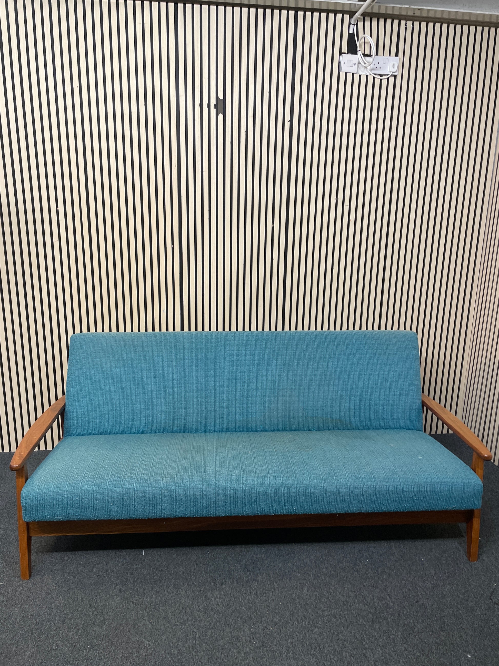 Large 3 seater teal fabric, solid dark wood frame sofa bed 1126